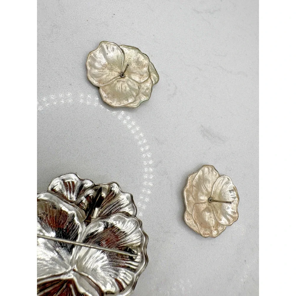 Set Earrings Brooch Pin Vintage Sterling Silver Repousse Pansy Flowers 14.26g